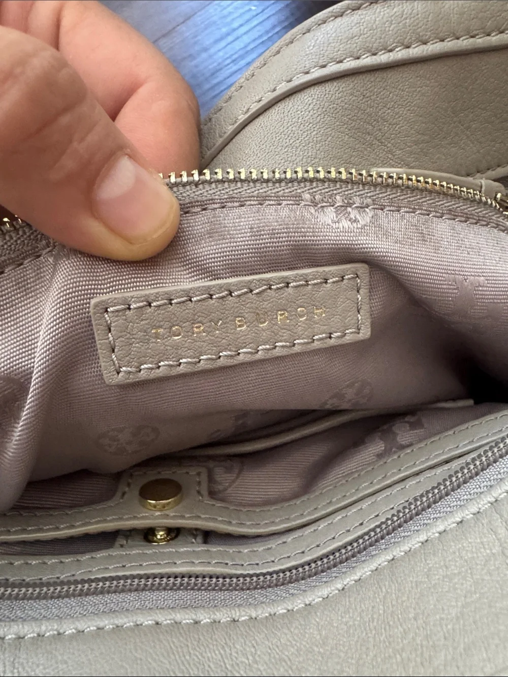 Tory Burch gray Pebbled Leather Tote with Gold Logo